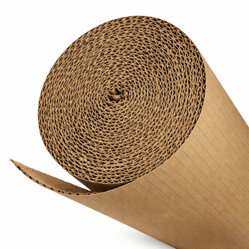 Rolled corrugated cardboard, showcasing its honeycomb texture, used for packaging and protection in shipping. Ideal for eco-friendly shipping solutions.