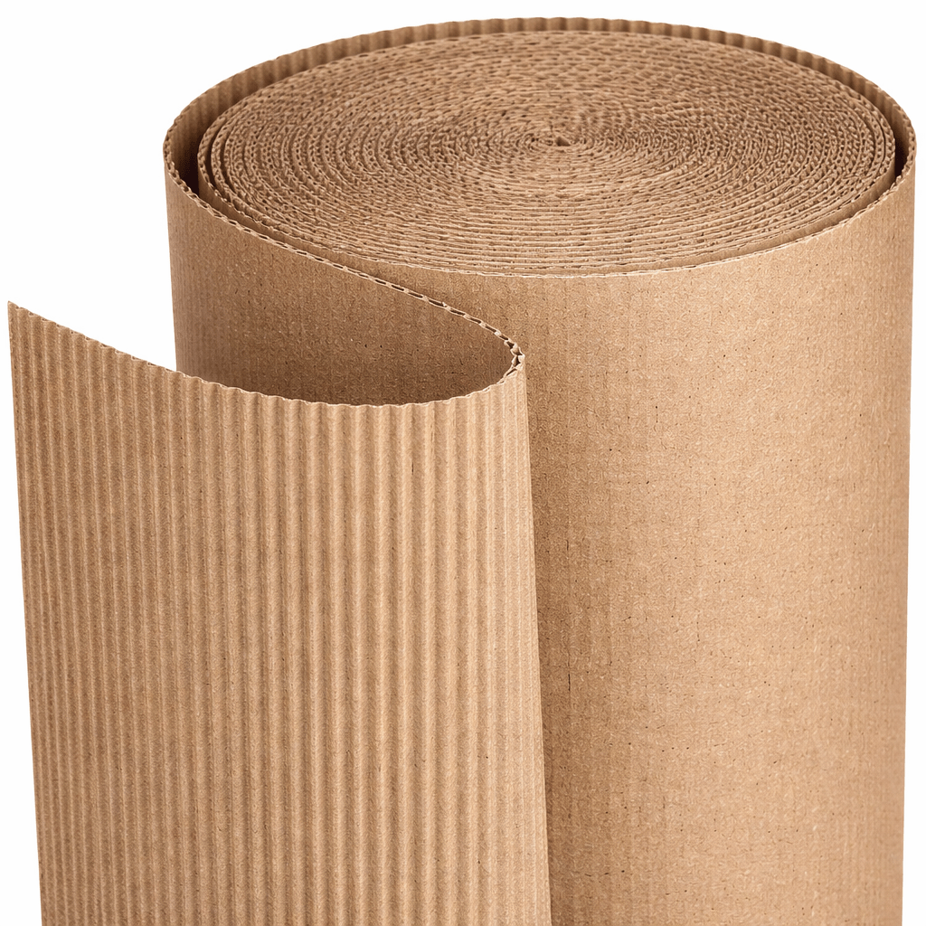 Brown corrugated cardboard roll with a partially unrolled edge, commonly used for packaging and protective shipping materials.