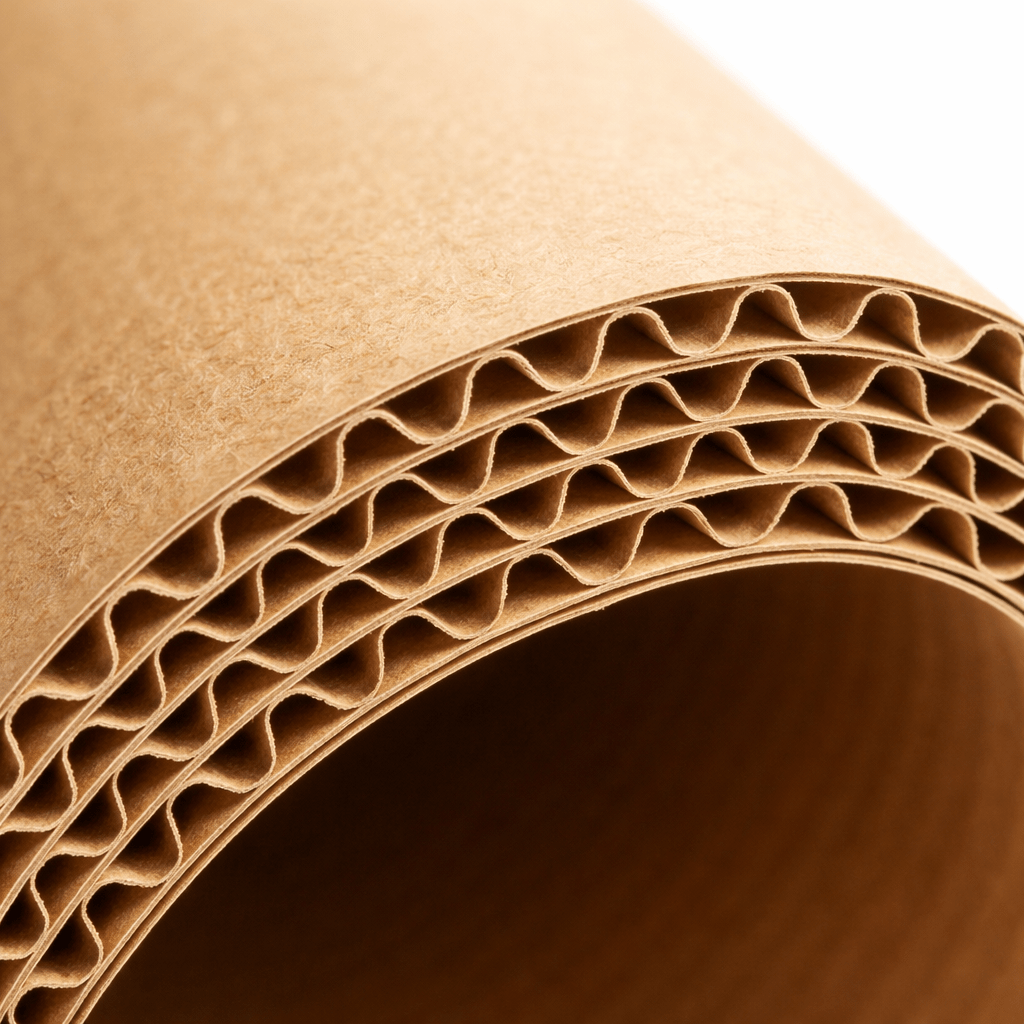 Rolled corrugated cardboard showcasing its wavy inner layers, highlighting its structural durability for packaging and crafting purposes.