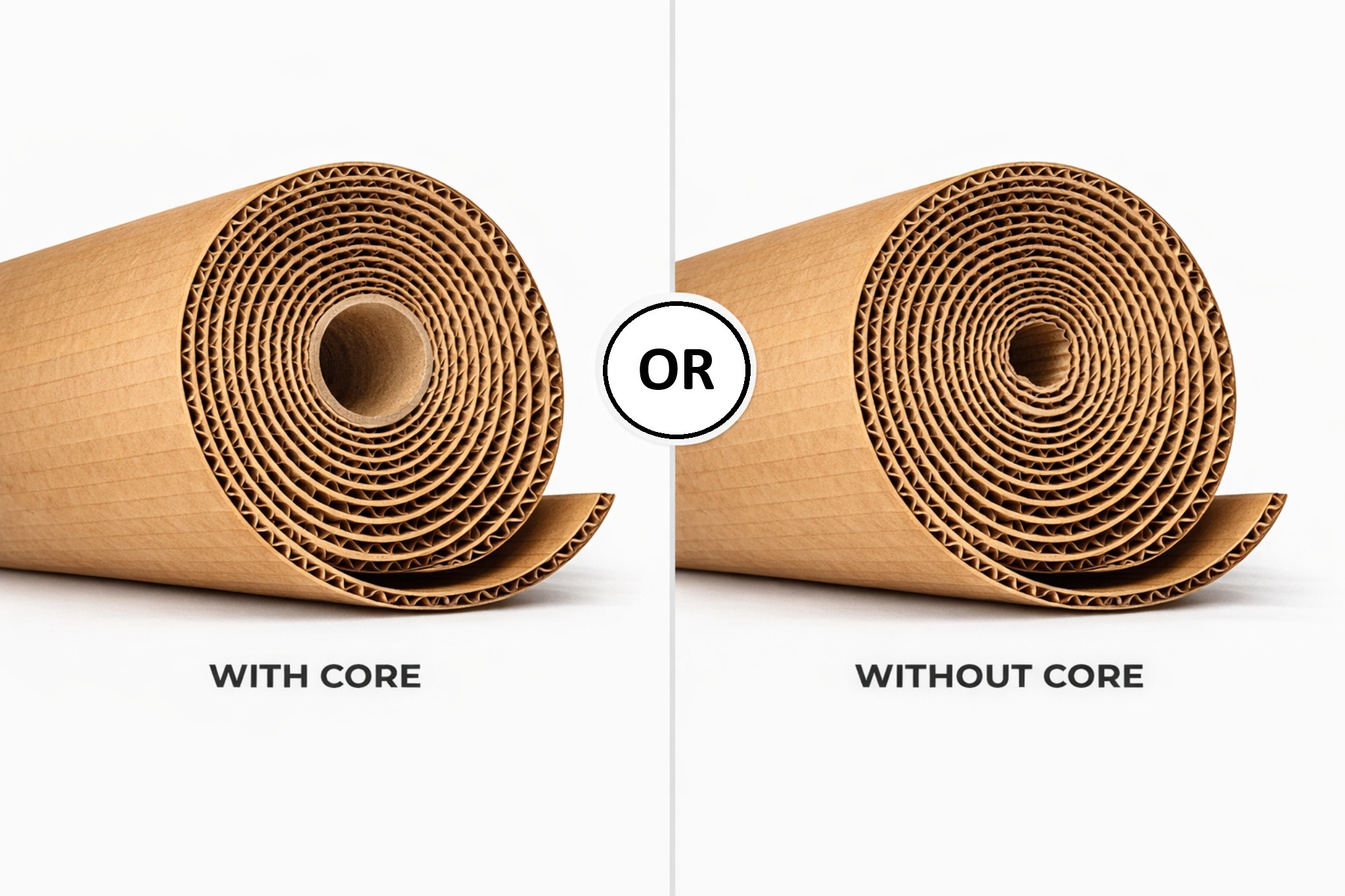 Side-by-side comparison of rolled cardboard with and without core, highlighting differences for product selection.