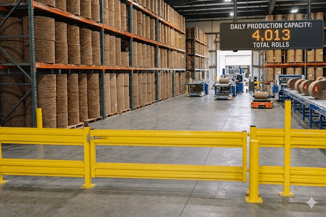 Warehouse interior featuring shelves stacked with rolls of material. A digital display shows a daily production capacity of 4,013 rolls.