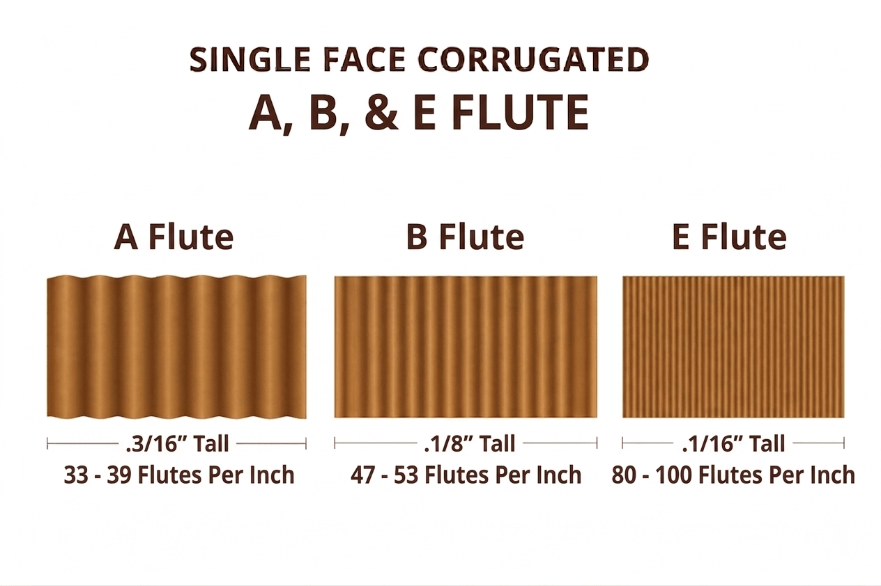 Comparison of single face corrugated flutes: A, B, and E. A Flute is 0.3" tall with 33-39 flutes per inch; B Flute is 0.125" tall with 47-53 flutes; E Flute is 0.1" tall with 80-100 flutes.