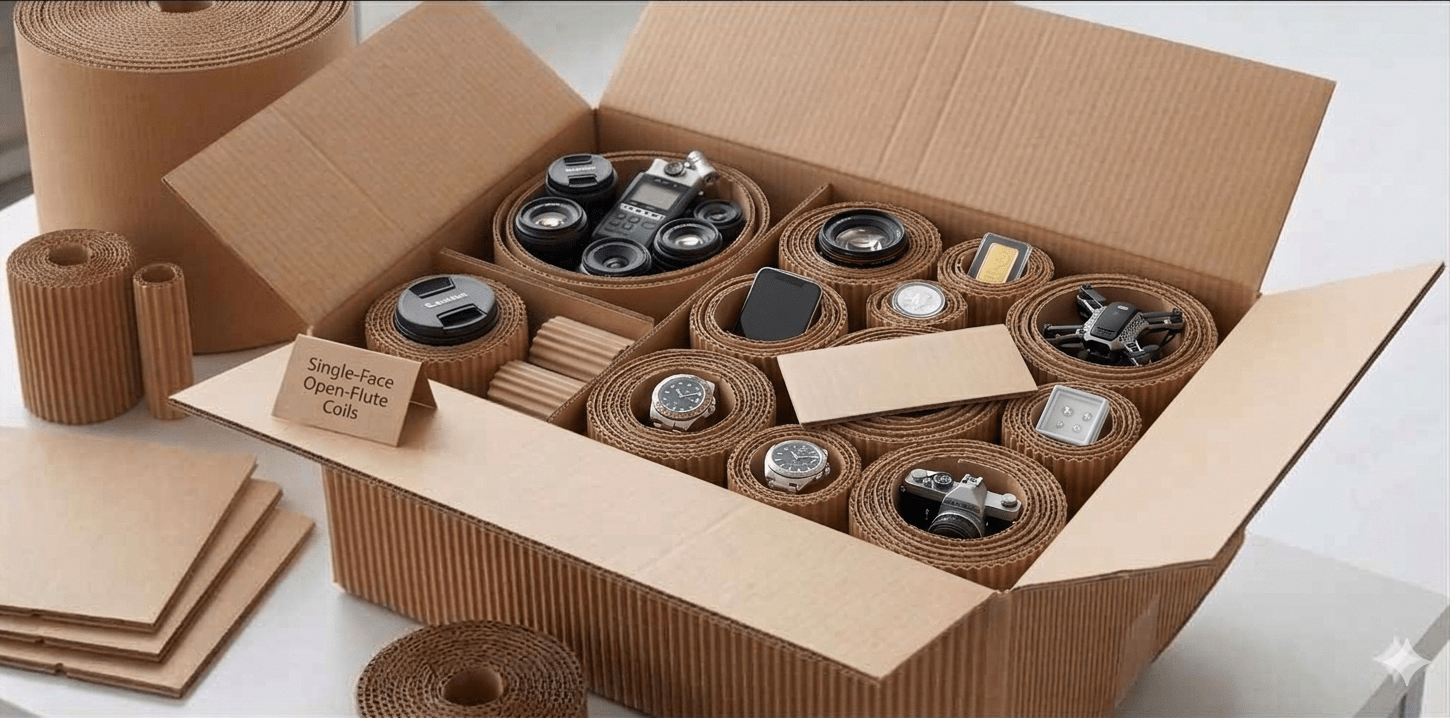 A cardboard box filled with various camera equipment, watches, and a drone, all securely nested in eco-friendly packing coiling.