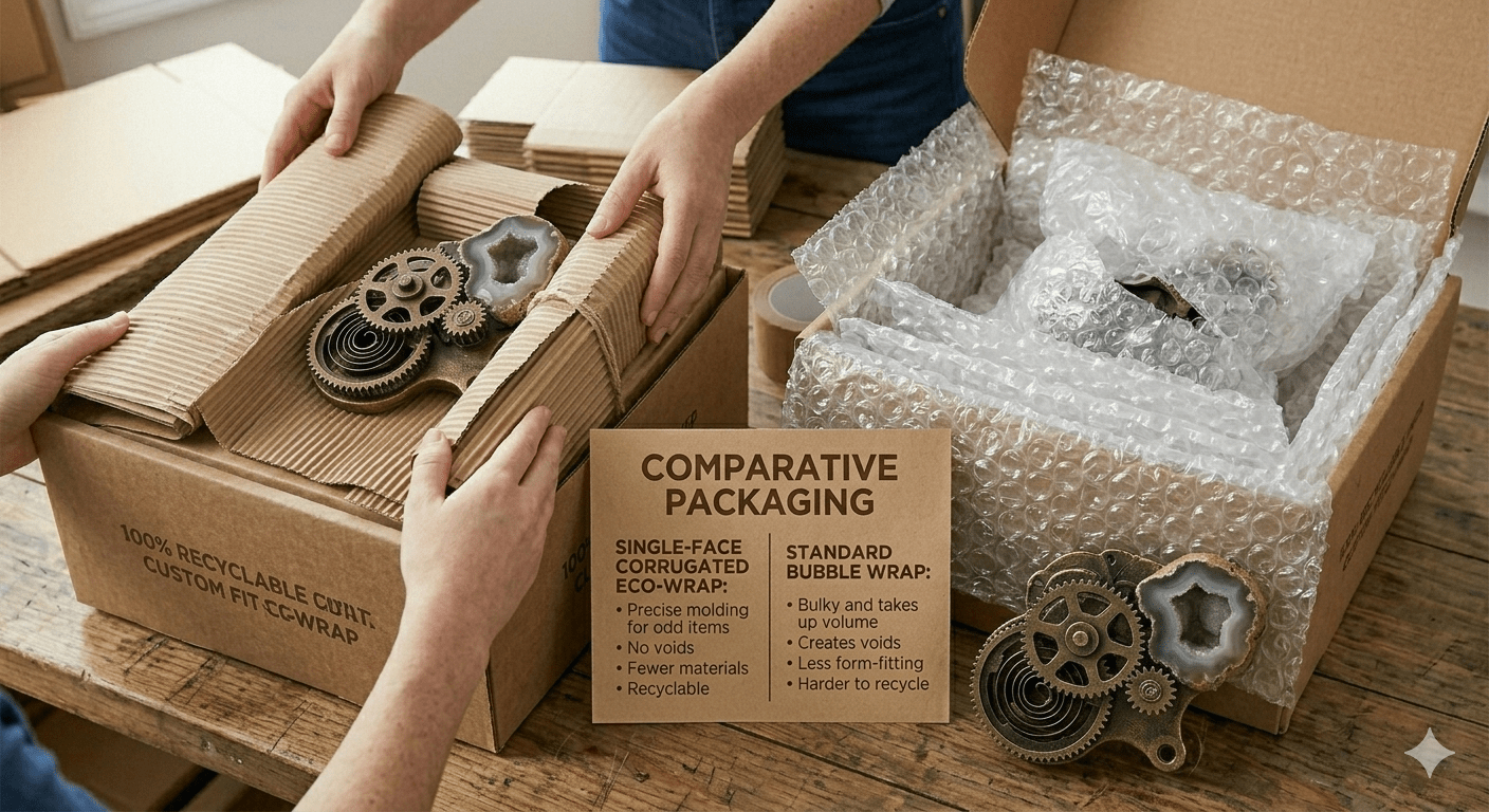 Hands demonstrate eco-friendly packaging options, showing a comparison between corrugated wrap and bubble wrap, highlighting recyclability and efficiency.