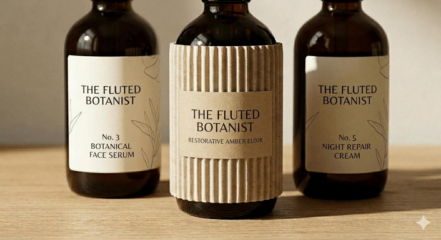 Three skincare products from "The Fluted Botanist" displayed on a wooden surface: Botanical Face Serum, Restorative Amber Elixir, and Night Repair Cream.