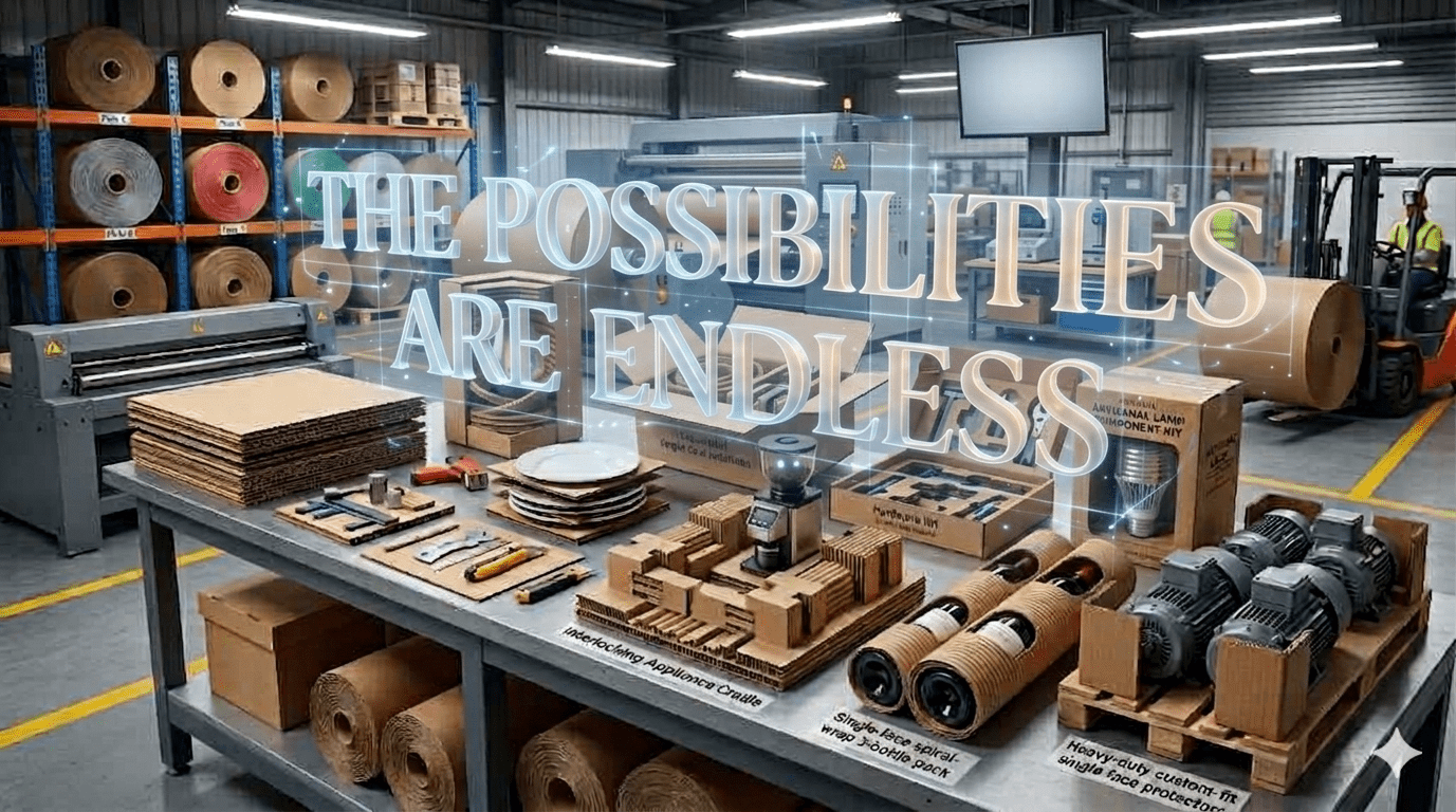 A spacious workshop filled with various cardboard products, tools, and machinery, highlighting creativity and manufacturing potential. Text overlay reads, "THE POSSIBILITIES ARE ENDLESS."