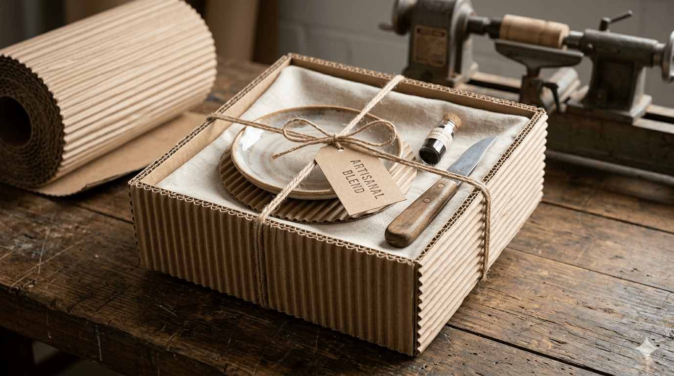 Artisanal gift box featuring a handcrafted plate, wooden knife, and a small bottle, elegantly wrapped in brown paper and twine.
