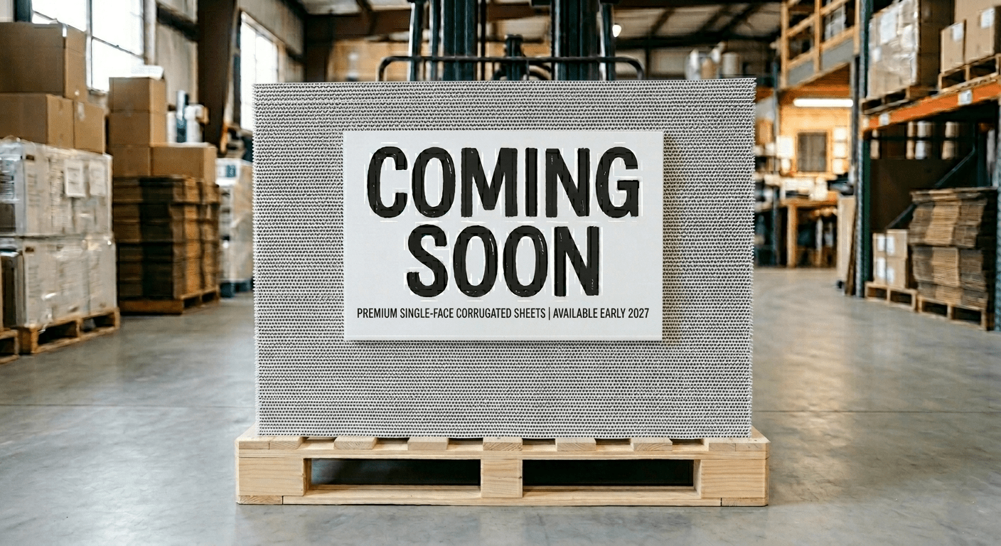 "Sign announcing 'Coming Soon' for premium single-face corrugated sheets, with availability set for early 2027, displayed in a warehouse."